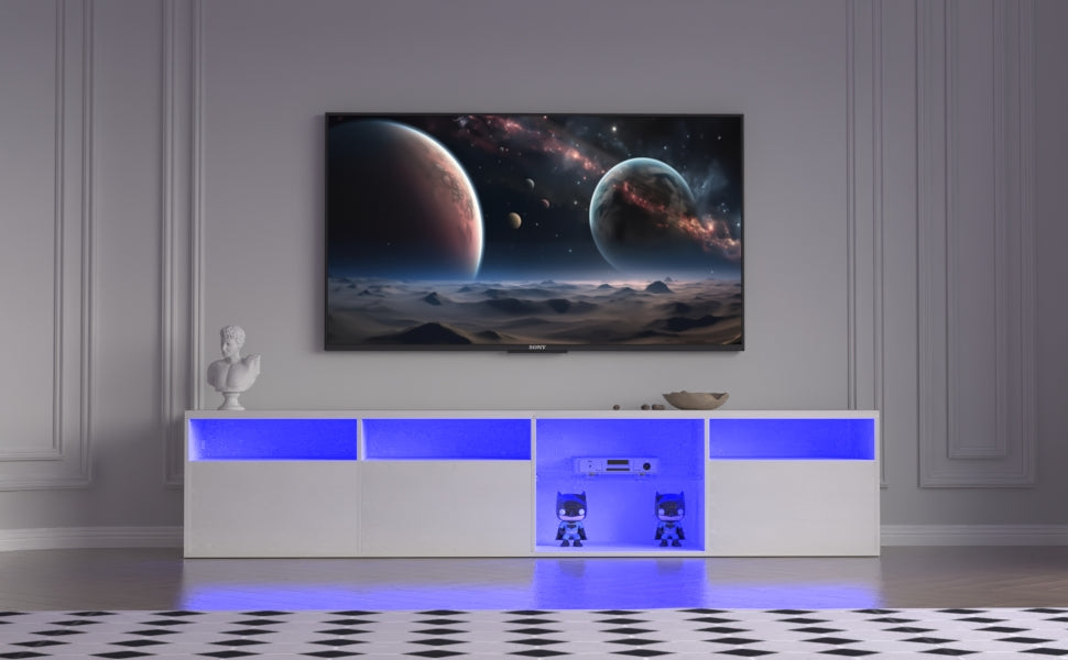 TV console with storage cabinet, 82.6-inch long LED TV stand with 31 mode switching lights (white, suitable for 75/80 inch TVs)