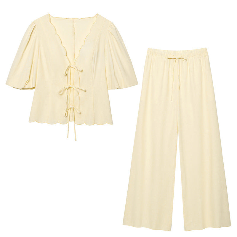 Elegant Solid Color Bubble Sleeve Blouse and Long Pants  Style Fashion Casual Loose Fit