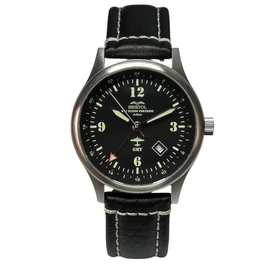 B-17 Tribute - Stainless Steel, Brush Finish, Black Dial, Black Leather Band with Stitching Bristol Watch