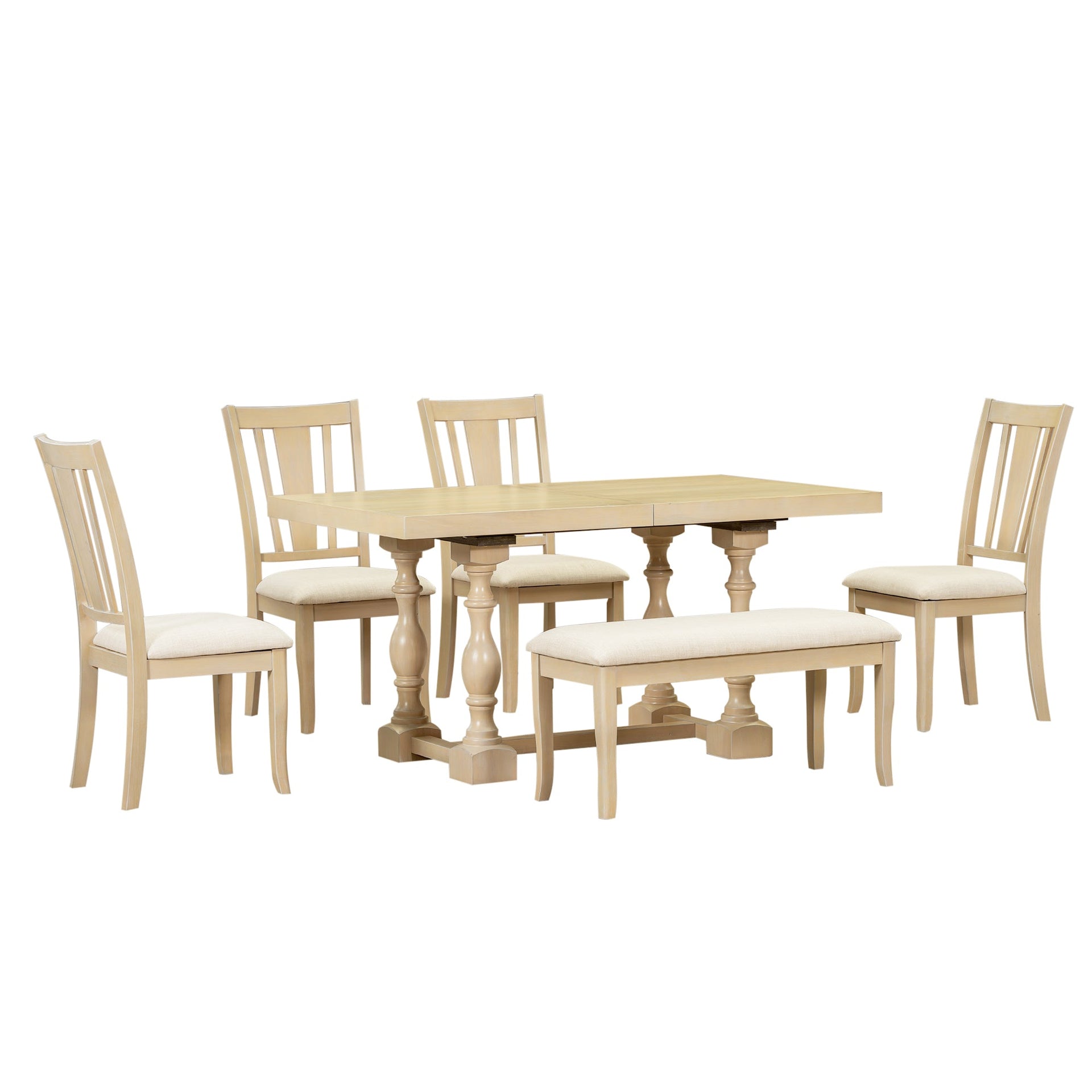 Traditional 6-Piece 78inch Trestle Extendable Dining Table Set with One 18inch Removable Leaf Padded Dining Chairs Bench,Natural