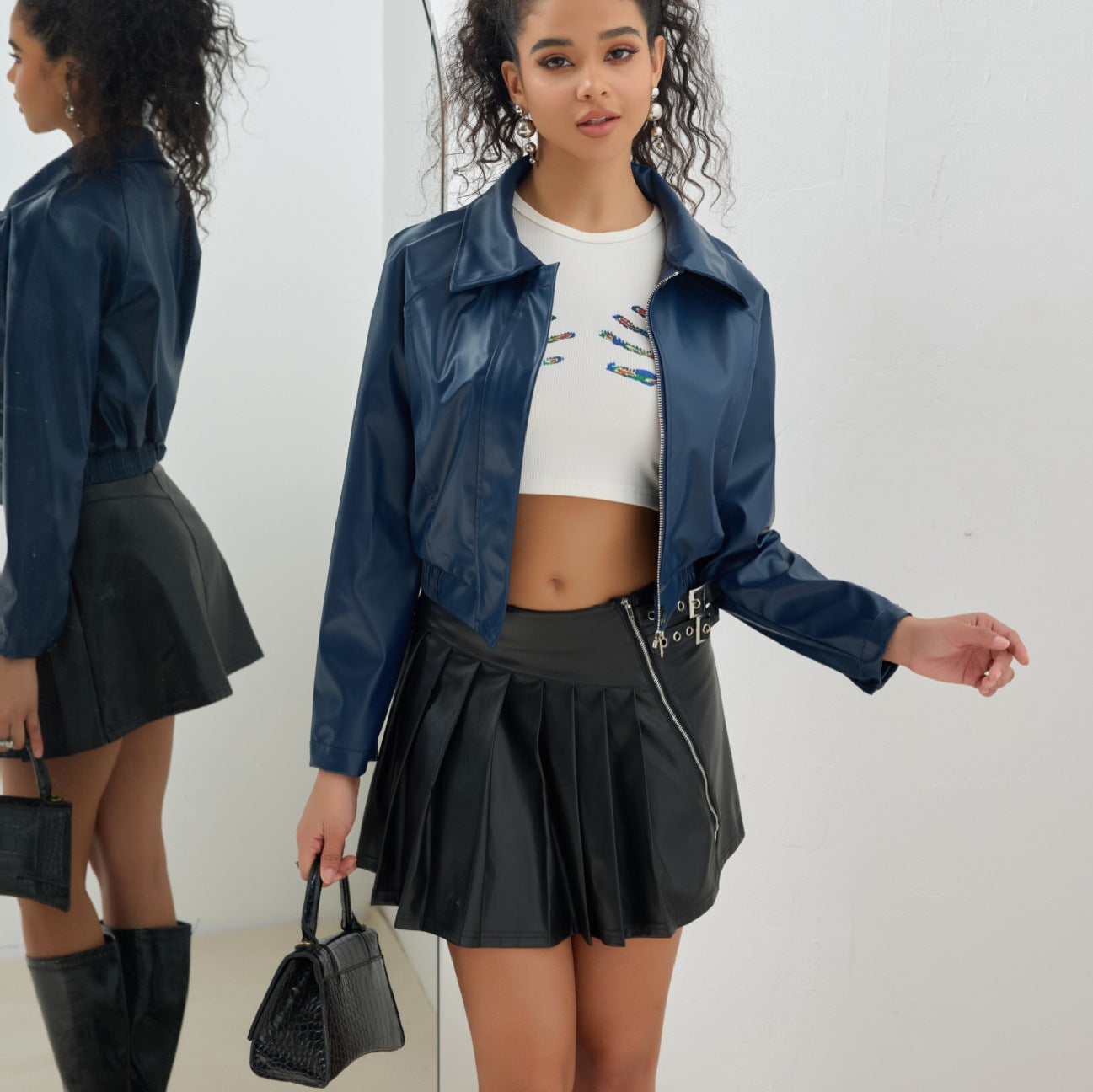 Women's Short Leather Jacket Retro Zipper PU American Casual Motorcycle Coat