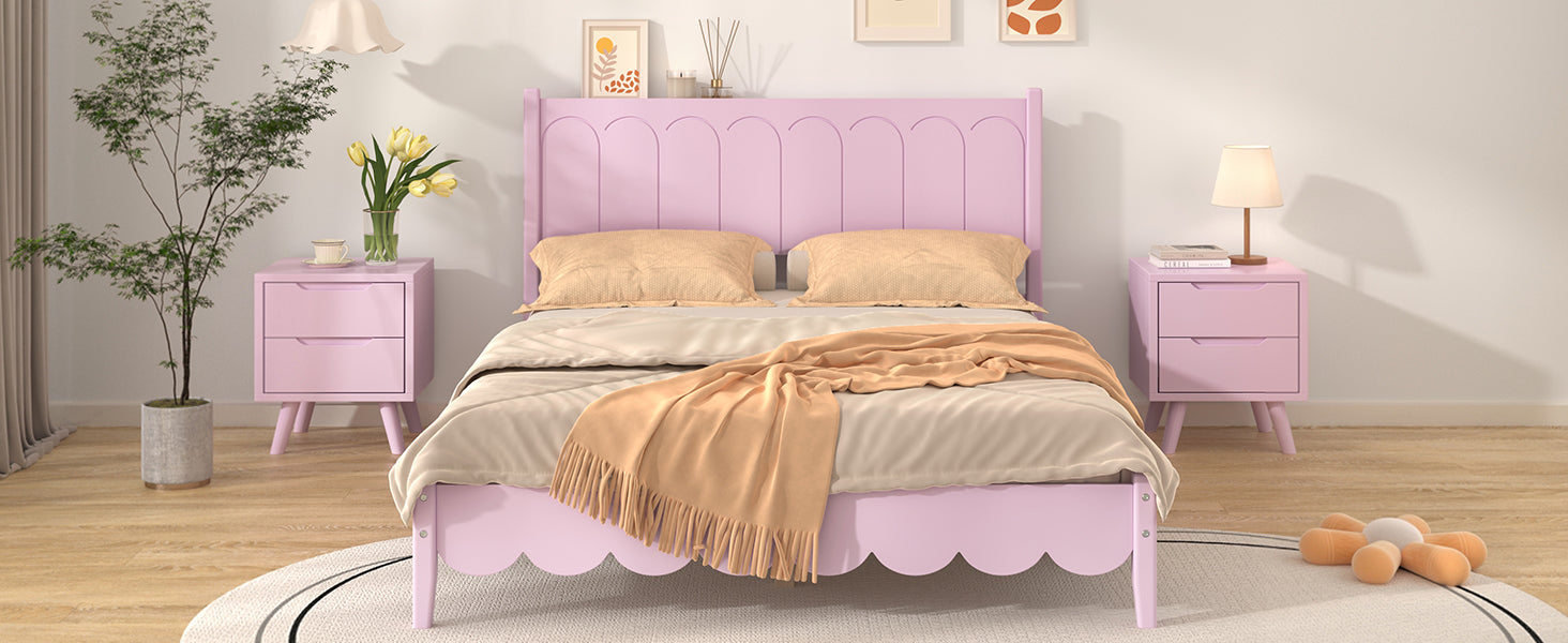 Full Size Wood Platform Bed Frame, Retro Style Bed with Rectangular Headboard,No Need Box Spring,Pink