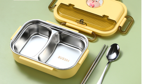 Microwaveable stainless steel compartmentalized insulated lunch box with cutlery