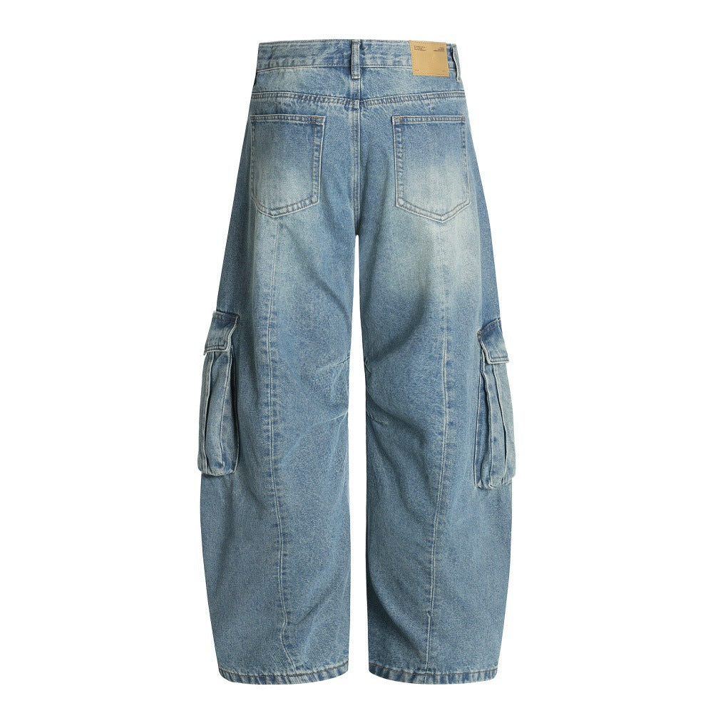 American High Street Vintage Washed Multi-Pocket Workwear Jeans Loose A-Line Wide Leg Long Pants for Men