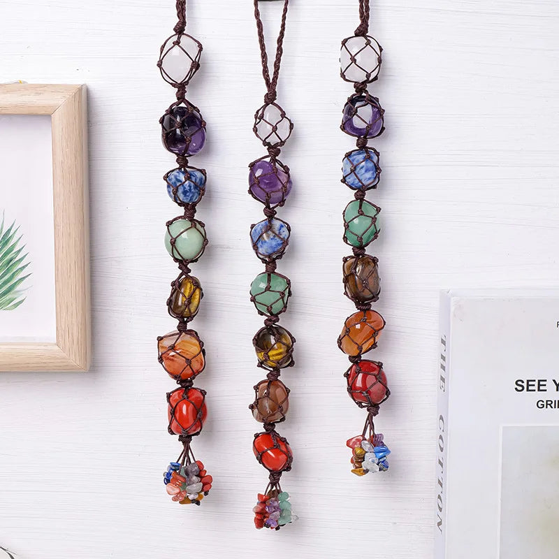 Natural crystal seven color rolling stone car hanging hand woven energy stone shaped mesh bag pendant
