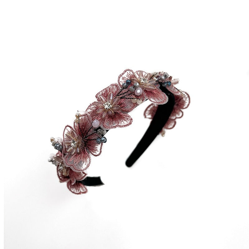 Handmade Fashion Embroidered Crystal Flower Hair Hoops for Women