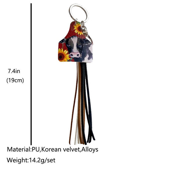 Handmade Popular Jewelry Western Farm Style Leather Keychain Cow Horse Deer Cow Brand Leather Tassels