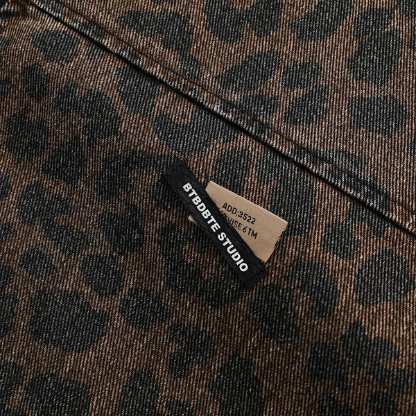 Leopard Print Denim Jacket   Style Men's Punk Spring and Autumn Loose Casual Washed Open Front Zipper Collar Outerwear