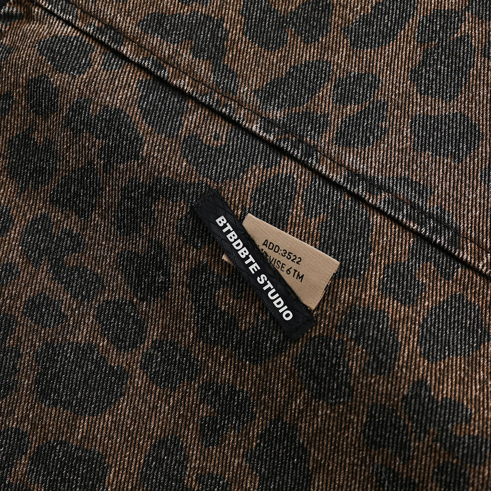 Leopard Print Denim Jacket   Style Men's Punk Spring and Autumn Loose Casual Washed Open Front Zipper Collar Outerwear