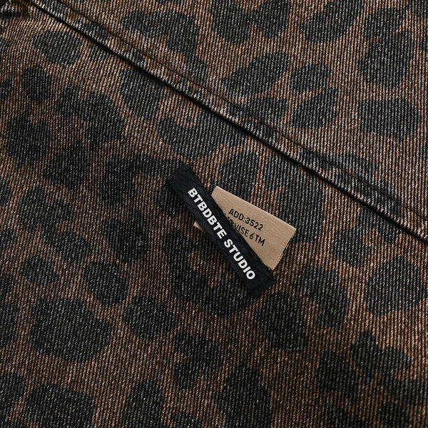 Leopard Print Denim Jacket   Style Men's Punk Spring and Autumn Loose Casual Washed Open Front Zipper Collar Outerwear