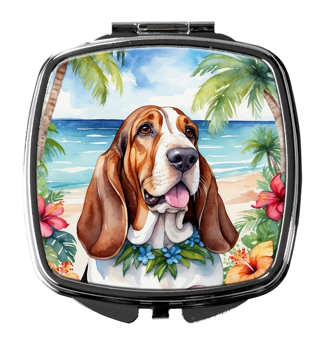 Basset Hound Luau Compact Mirror – Stylish Purse Mirror with Artistic Covers