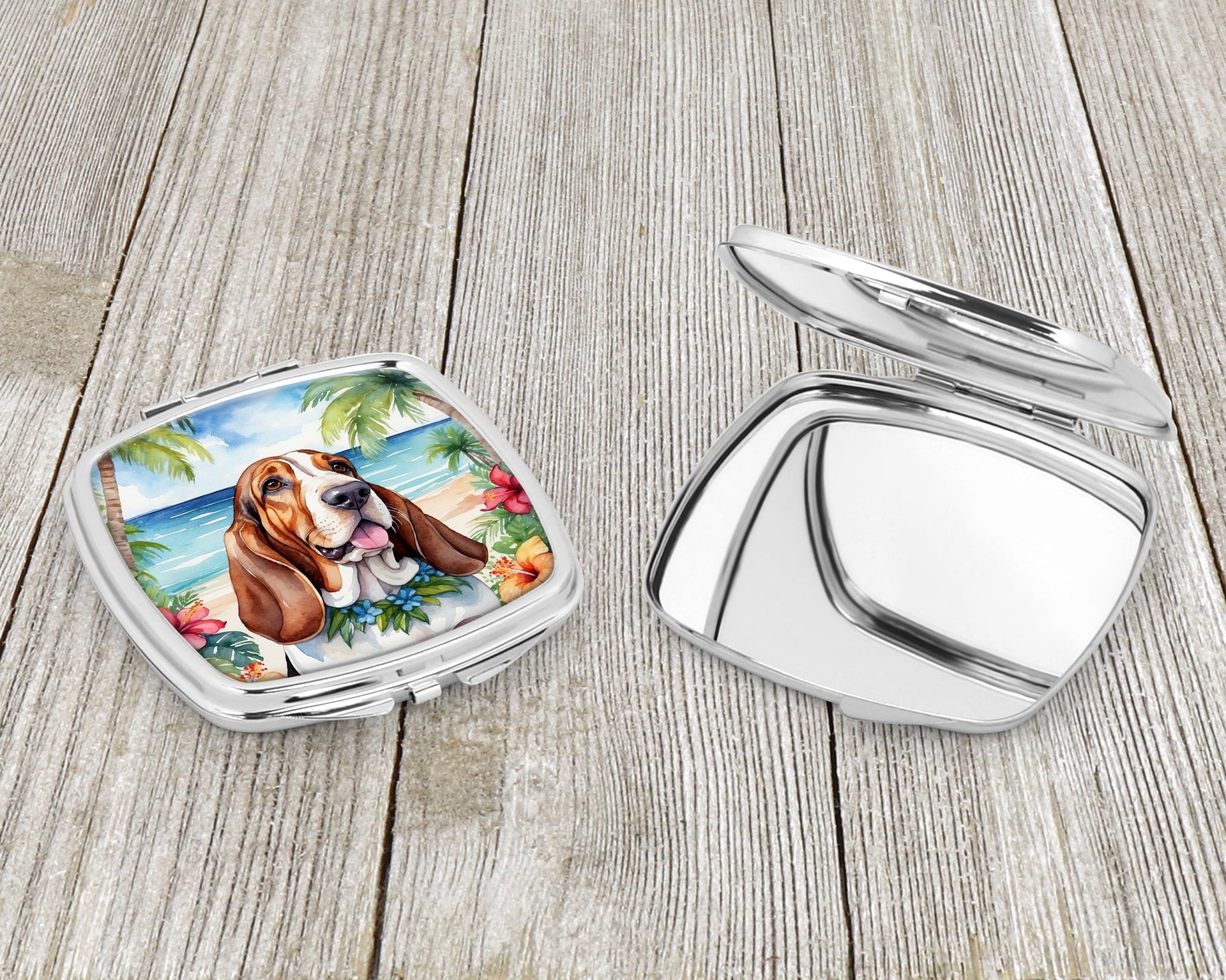Basset Hound Luau Compact Mirror – Stylish Purse Mirror with Artistic Covers