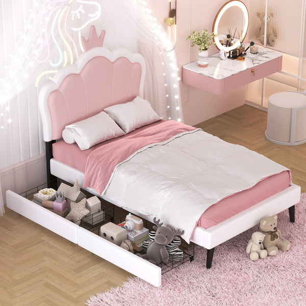 Twin cushion princess bed with crown headboard and 2 drawers with headboard and footrest, pink+white