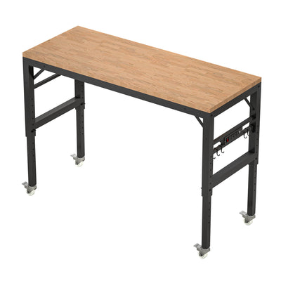 60 inch adjustable garage workbench, rubber wood heavy-duty workstation with power socket and wheels, 2000 pound load capacity