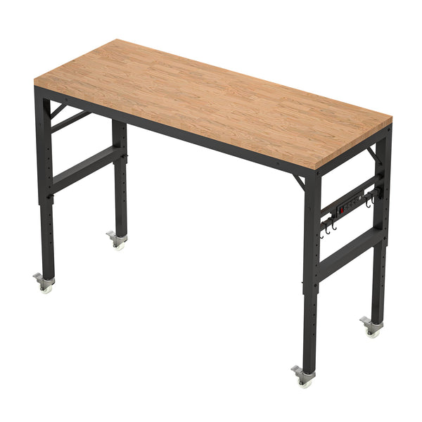 60 inch adjustable garage workbench, rubber wood heavy-duty workstation with power socket and wheels, 2000 pound load capacity