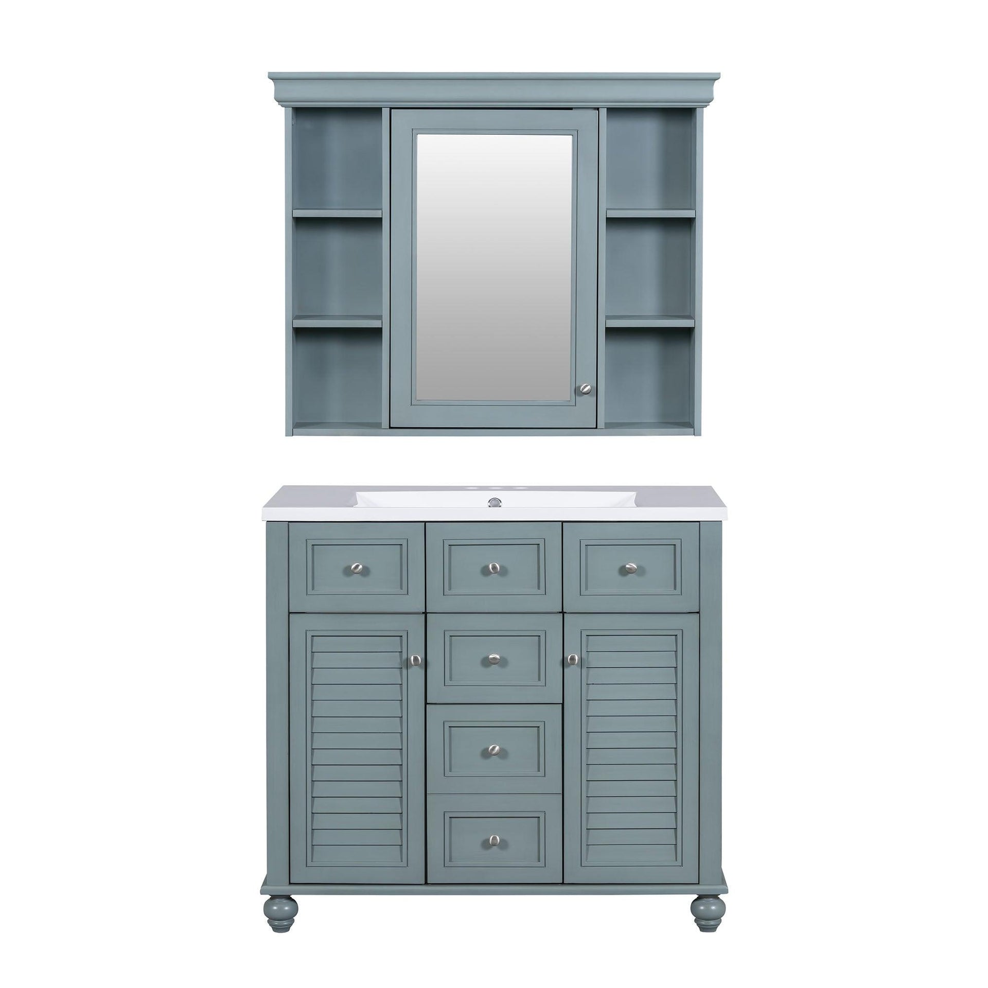 36 inch modern mirror cabinet with adjustable shelves, 2 soft closing doors, and 6 drawer storage cabinet door organizers