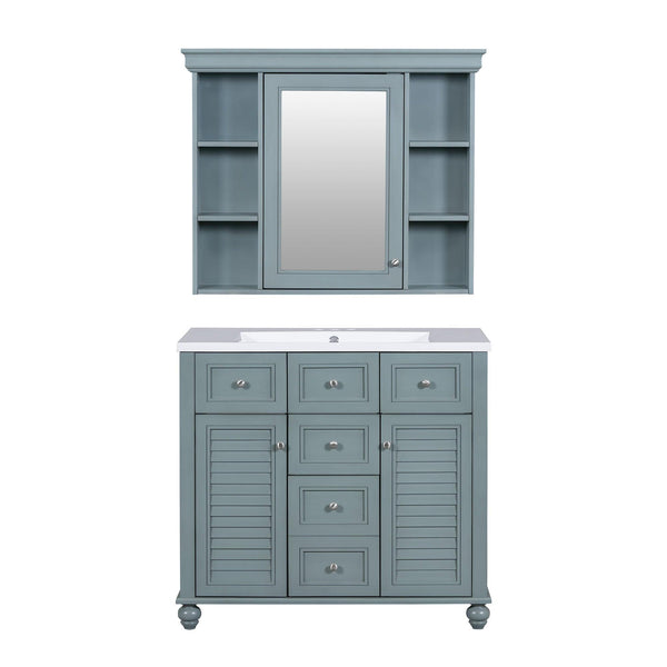 36 inch modern mirror cabinet with adjustable shelves, 2 soft closing doors, and 6 drawer storage cabinet door organizers
