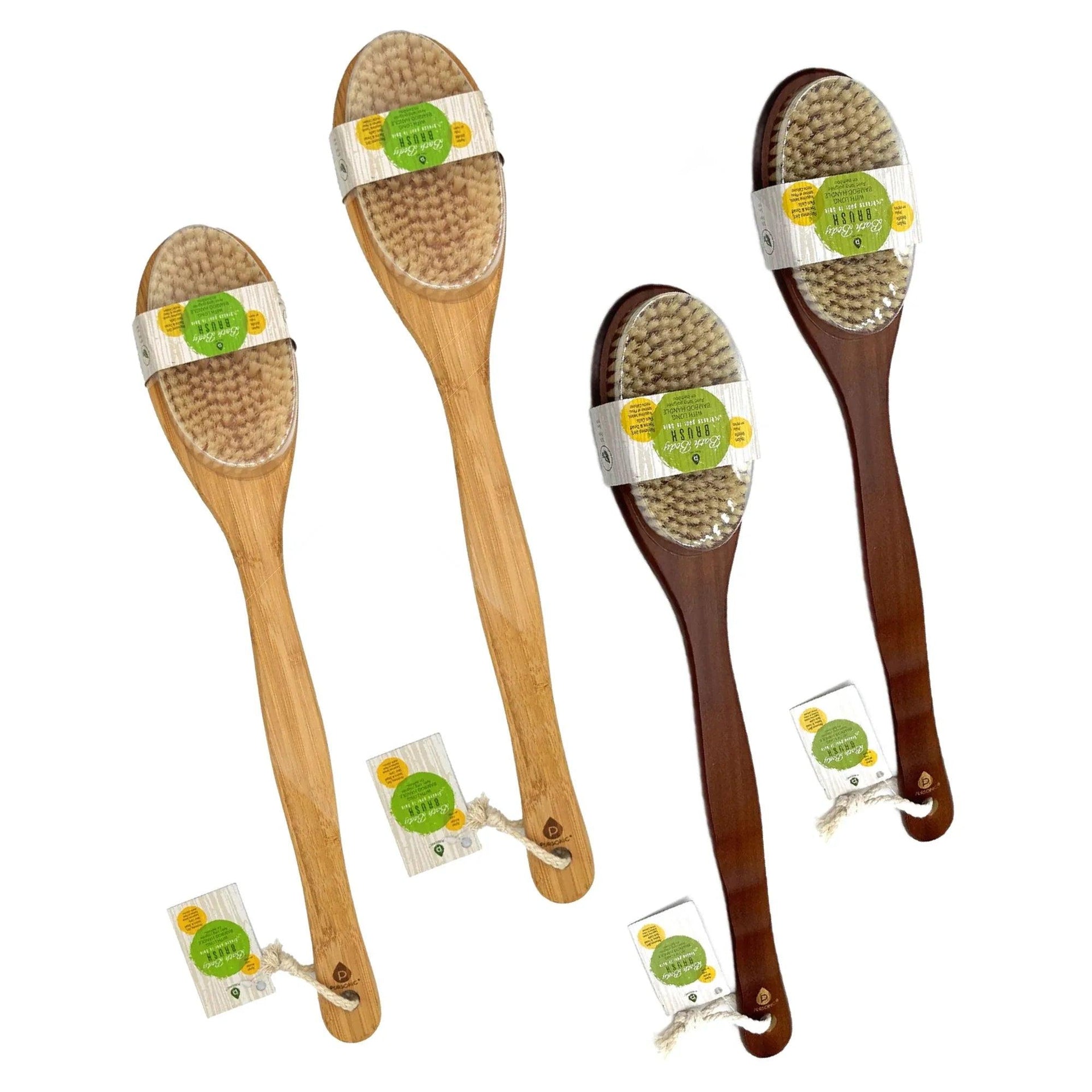 Pursonic Bath Body Brush With Long Bamboo Handle 4-Piece Family Pack (2 Natural Color and 2 Dark Wood) - Gifts for You 'n Me