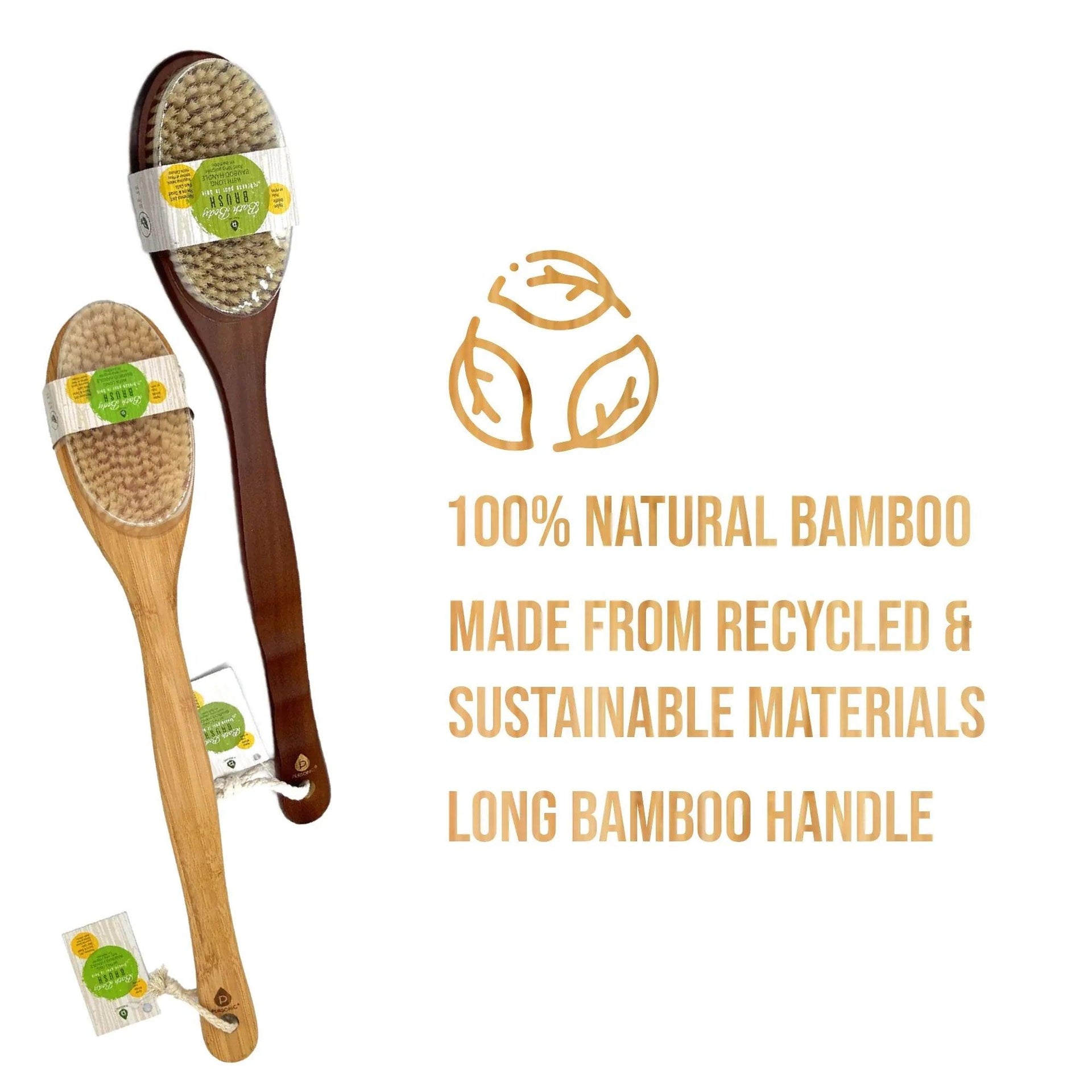 Pursonic Bath Body Brush With Long Bamboo Handle 4-Piece Family Pack (2 Natural Color and 2 Dark Wood) - Gifts for You 'n Me