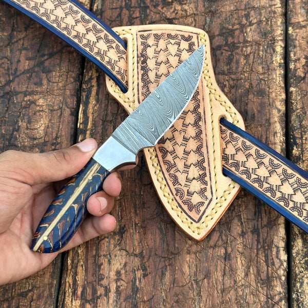Damascus Skinner Knife with Handtooled Sheath & Belt