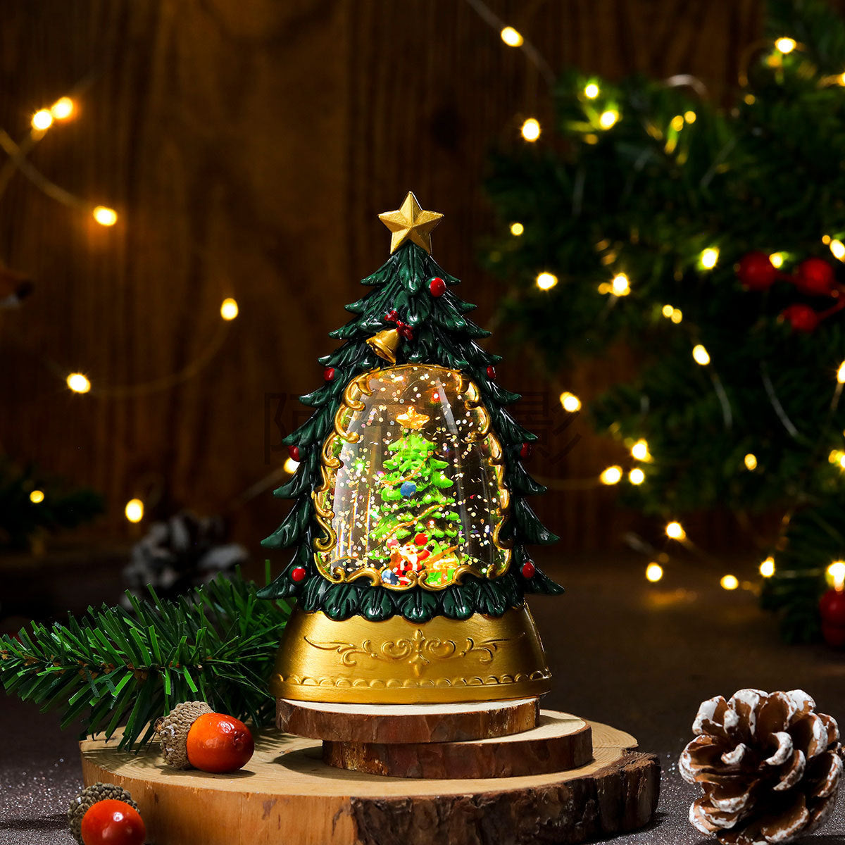 Christmas gifts, painted Christmas trees, glowing candles, oil lamps, children's small gifts, wind lamps, bar table decorations, ornaments