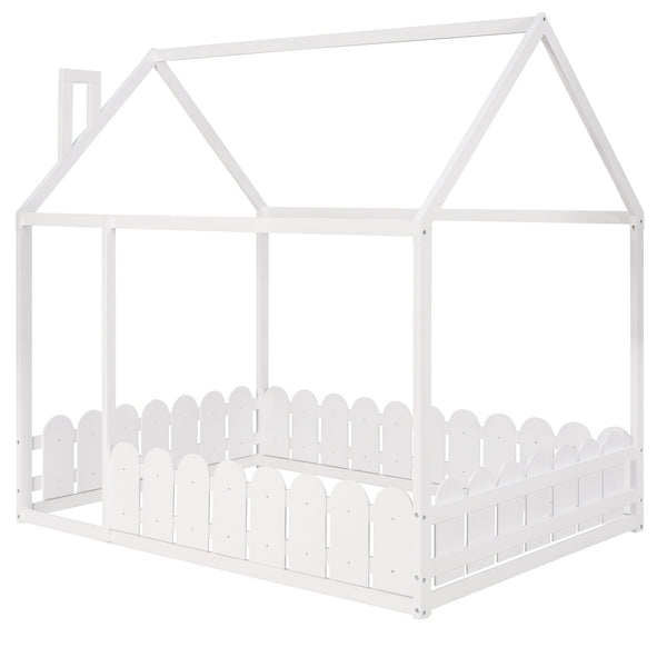 (Slats are not included) Full Size Wood Bed House Bed Frame with Fence for Kids Teens Girls Boys (White ) - Gifts for You 'n Me