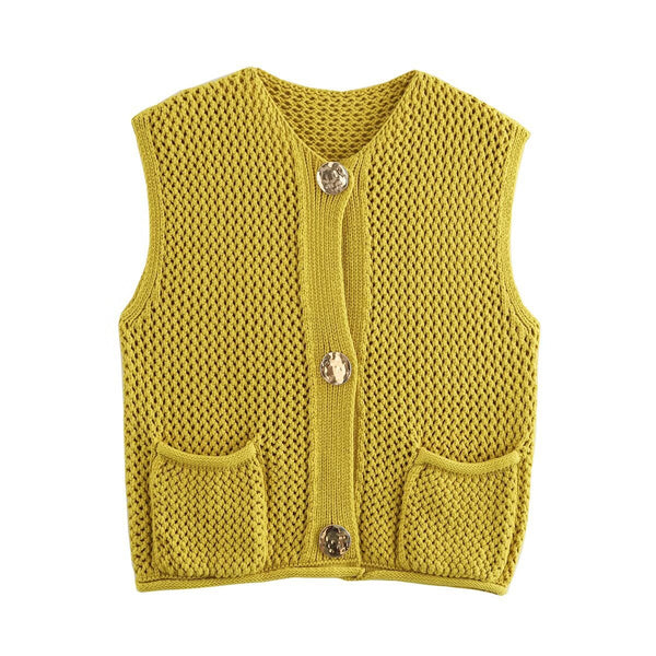 Street Fashion Crochet Hollow Vest Solid Color Versatile Round Neck Jacket