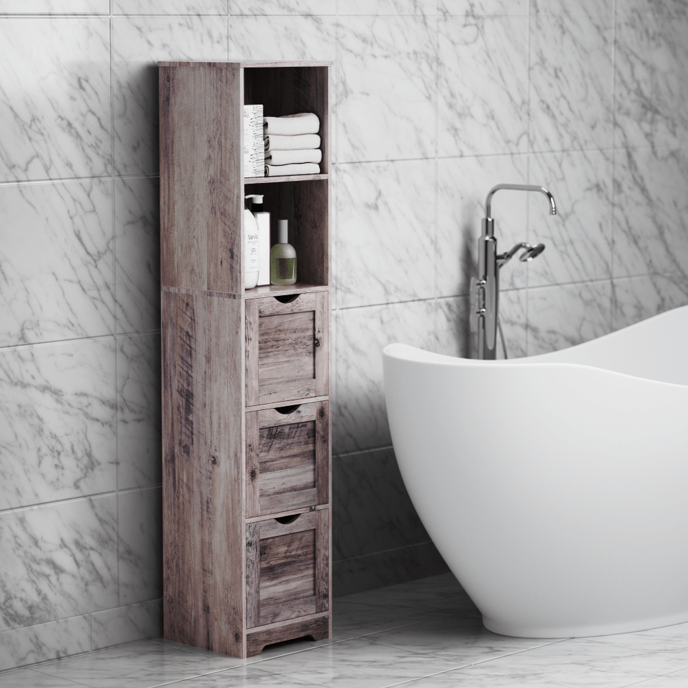 Bathroom Floor Cabinet with 3 Drawers 2 Shelves, Tall Narrow Bathroom Kitchen Pantry Storage Cabinet with Open Compartment Grey