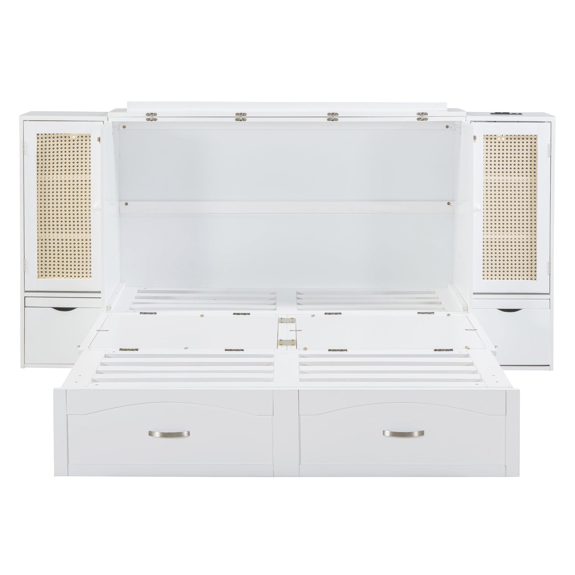 Large Murphy bed wall mounted bed with drawers, 2 storage cabinets, 1 set of sockets and USB ports, white