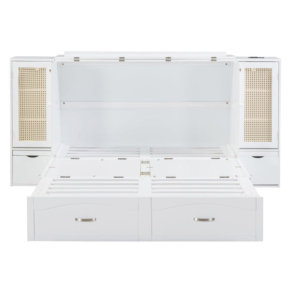 Large Murphy bed wall mounted bed with drawers, 2 storage cabinets, 1 set of sockets and USB ports, white