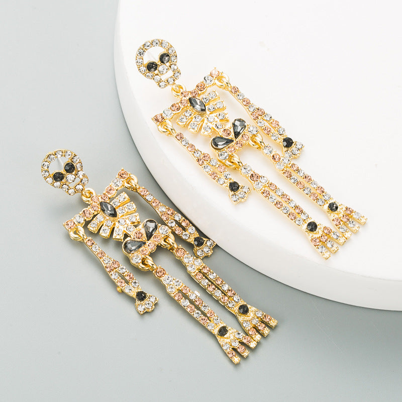 European and American style skull skeleton alloy inlaid rhinestone earrings female personality long exaggerated earrings earrings