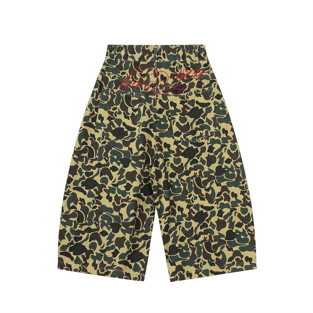 Camouflage Tiger Pattern Work Shorts Men's European and American Trendy Design Embroidered Letter Knife Loose Casual Five-Point Pants