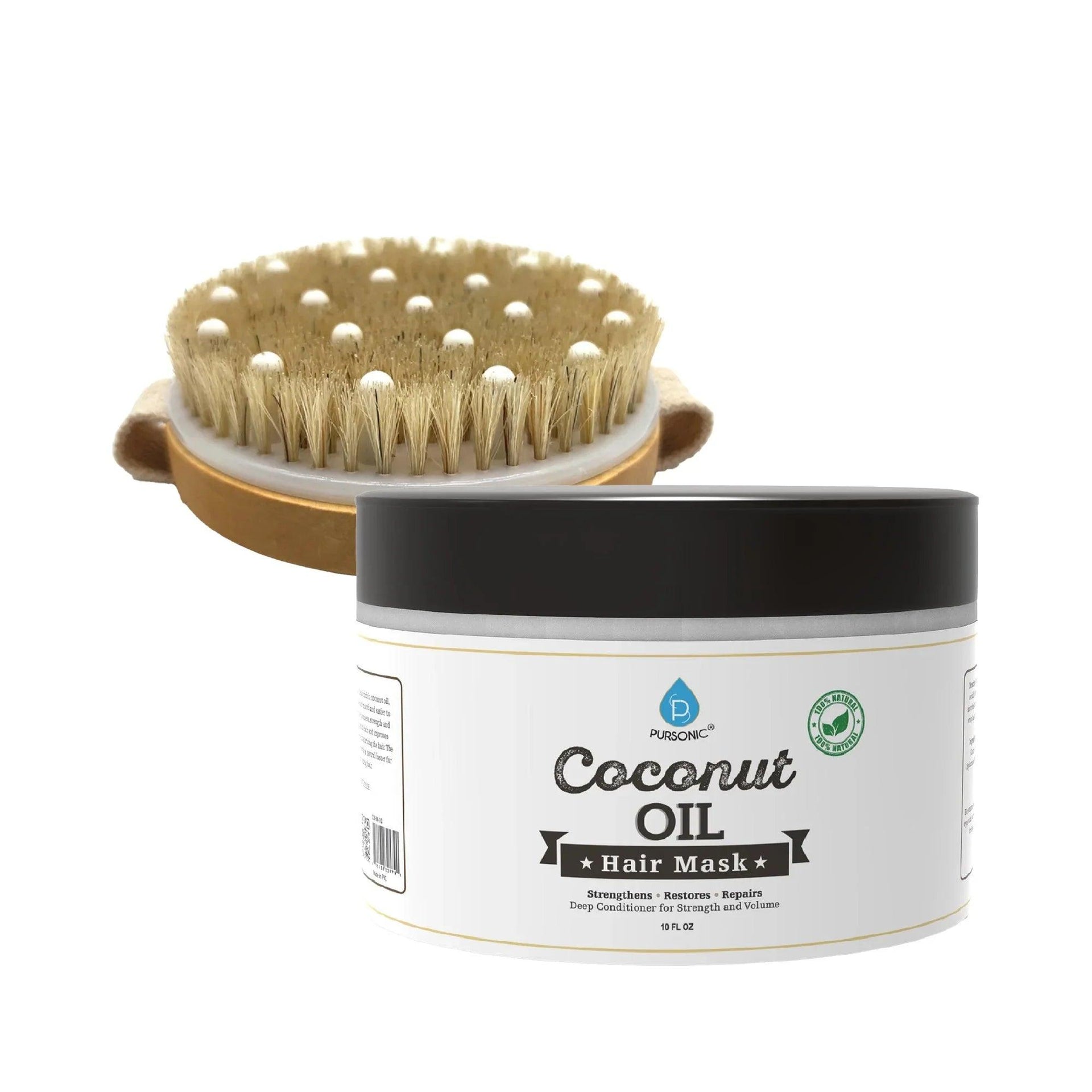 Hair Care and Massage Bundle: Bath Brush and Rubber Massager with Lotus wooden handle + 100% Natural Coconut Oil Hair Mask 10 Oz - Gifts for You 'n Me