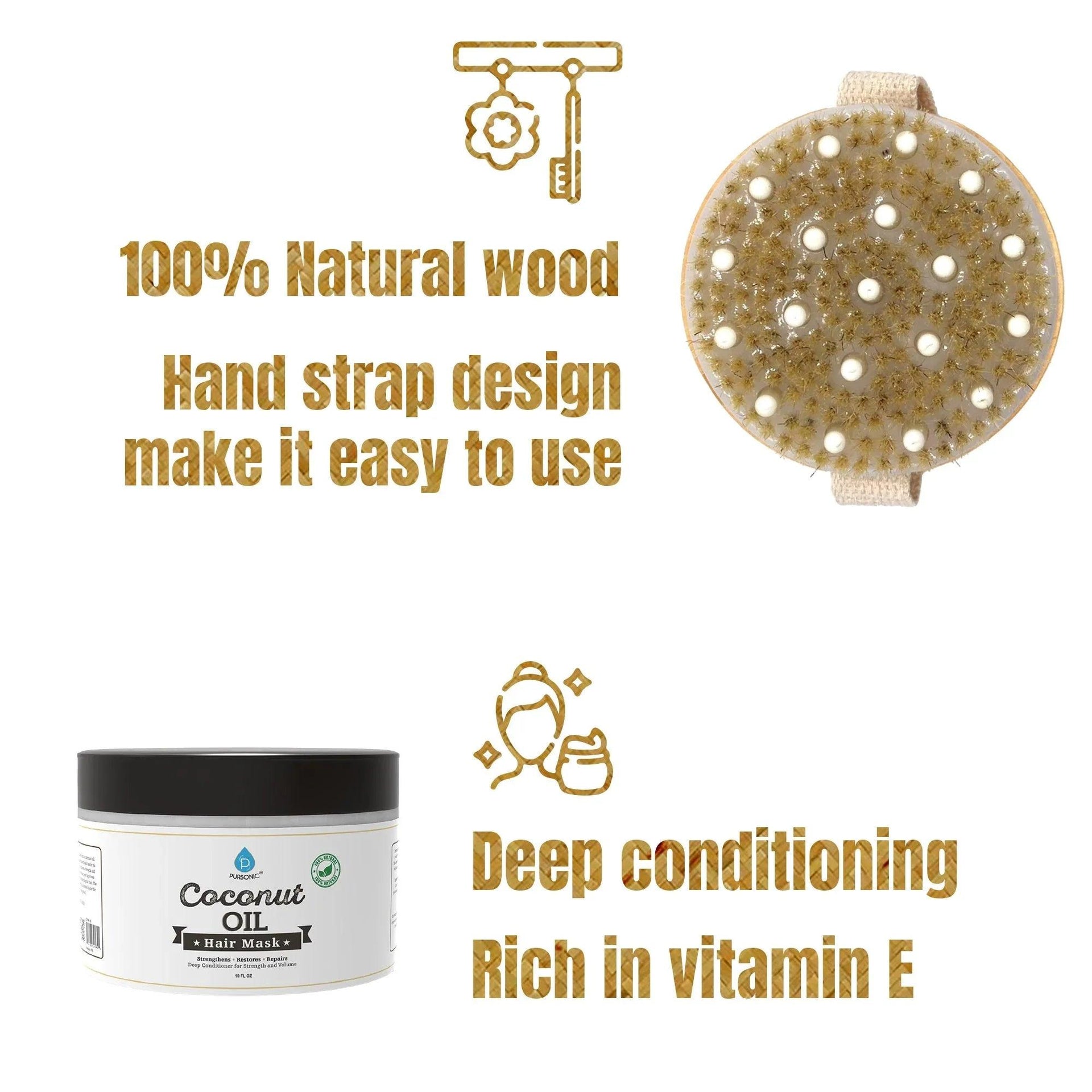 Hair Care and Massage Bundle: Bath Brush and Rubber Massager with Lotus wooden handle + 100% Natural Coconut Oil Hair Mask 10 Oz - Gifts for You 'n Me
