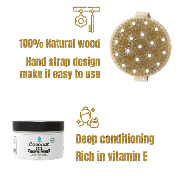 Hair Care and Massage Bundle: Bath Brush and Rubber Massager with Lotus wooden handle + 100% Natural Coconut Oil Hair Mask 10 Oz - Gifts for You 'n Me