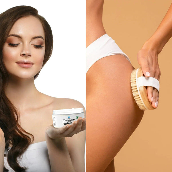 Hair Care and Massage Bundle: Bath Brush and Rubber Massager with Lotus wooden handle + 100% Natural Coconut Oil Hair Mask 10 Oz - Gifts for You 'n Me