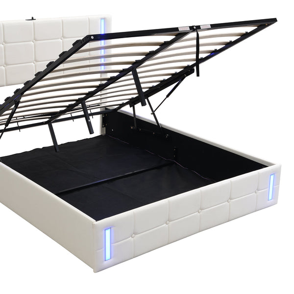 Full Size Upholstered Bed with LED Lights,Hydraulic Storage System and USB Charging Station,White V.I.P Digital Presence