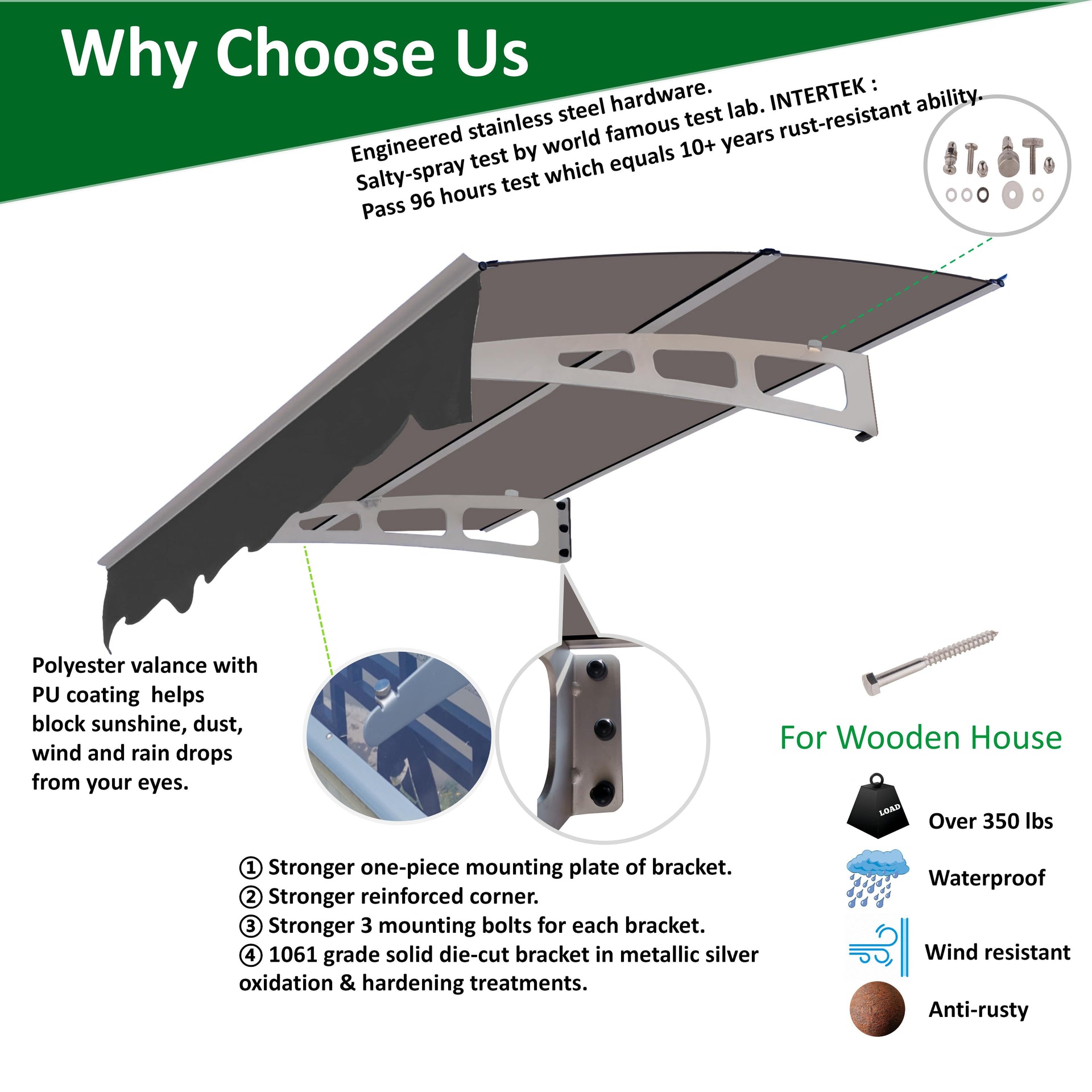 DA5934W Series Door Window Awning Canopy Made of 0.137 Inch Thick Crystal Solid Polycarbonate Sheet in size of 59