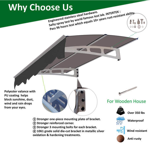 DA5934W Series Door Window Awning Canopy Made of 0.137 Inch Thick Crystal Solid Polycarbonate Sheet in size of 59