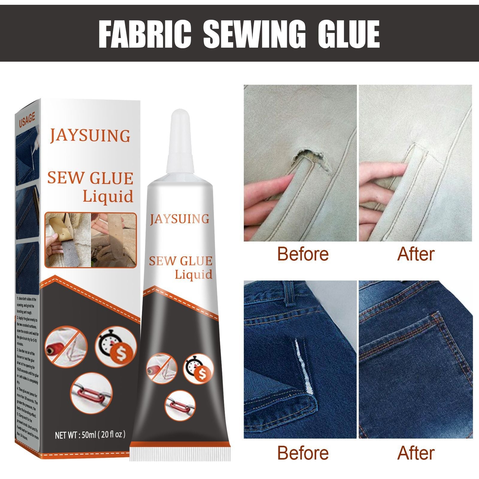 Jaysuing Cloth Repair Glue White Seam Glue Clothing Repair Glue Washable Ironing Cloth Adhesive Glue