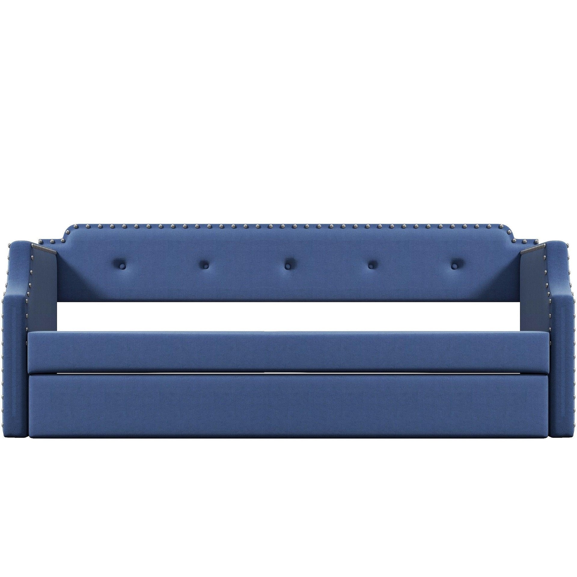 Upholstered Daybed with Trundle, Wood Slat Support,Upholstered Frame Sofa Bed Twin Blue