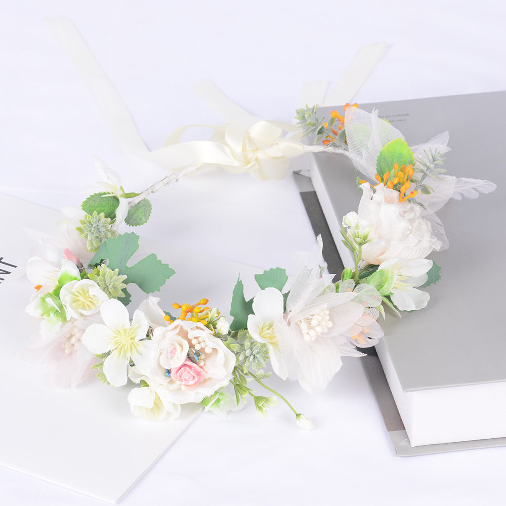 Korean style super fairy bride headdress simulation flower green leaf hair accessory sweet girl Hanfu wedding headdress wreath