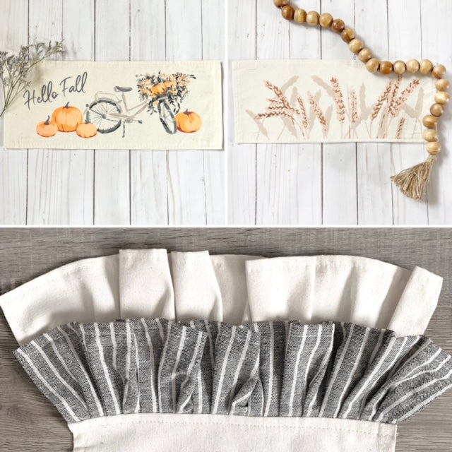 2 PANELS & RUNNER BUNDLE: RECTANGLE Holiday Panel Thanksgiving November Fall Autumn, farmhouse charcoal runner: HARVEST WHEAT / VINTAGE FALL PUMPKIN BIKE + CHARCOAL/CREAM TABLE RUNNER