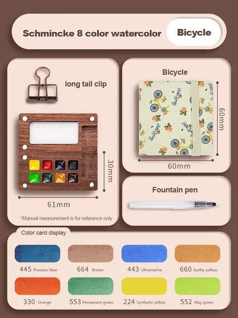 Mini watercolor paint box and small notebook Mingke 8-color wooden box mini drawing board solid watercolor painting