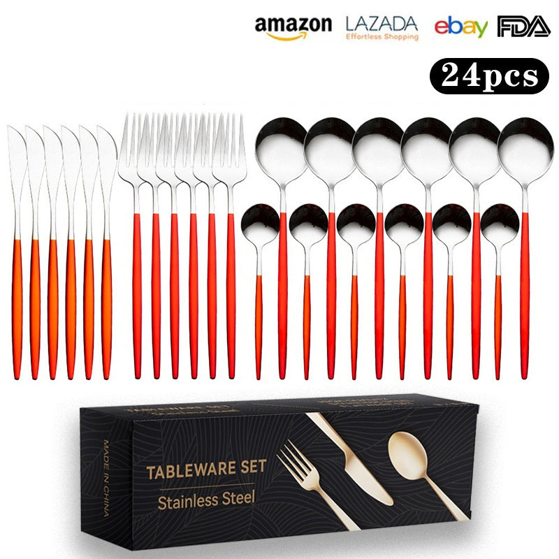 Cutlery Set Stainless Steel Knife Fork Set 24-Piece Tableware Set Golden Steak Knife Fork Spoon 6-Person Set