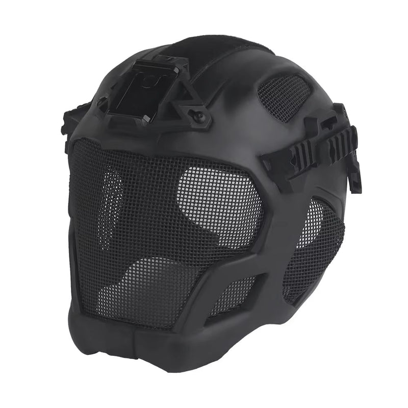 Lightweight EVA tactical helmet for hunting, airsoft, etc. Steel mesh mask included, good for cosplay.