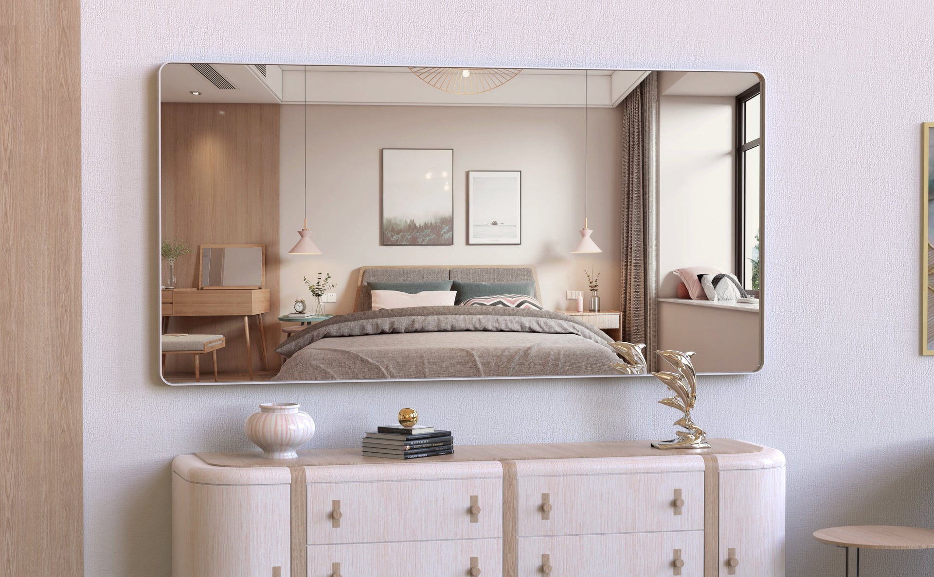 Large bathroom mirror with movable tray wall mounted mirror, vertically and horizontally suspended aluminum frame wall mounted m