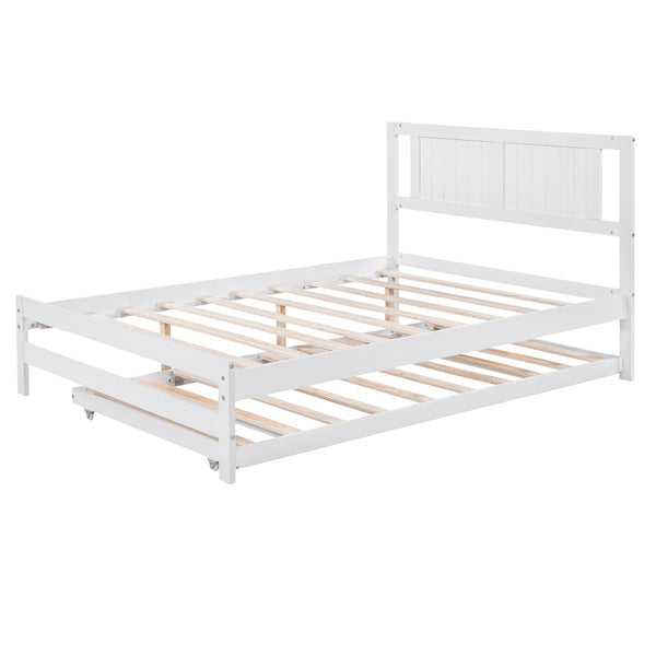 Full Size Platform Bed with Adjustable Trundle White