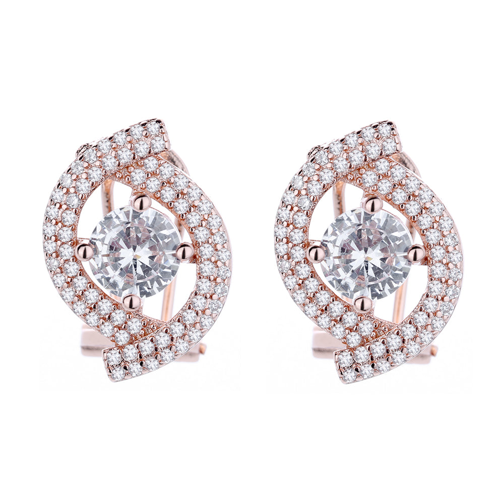 14K Rose Gold and 14K White Gold Two Row Halo Omega Backing Earrings