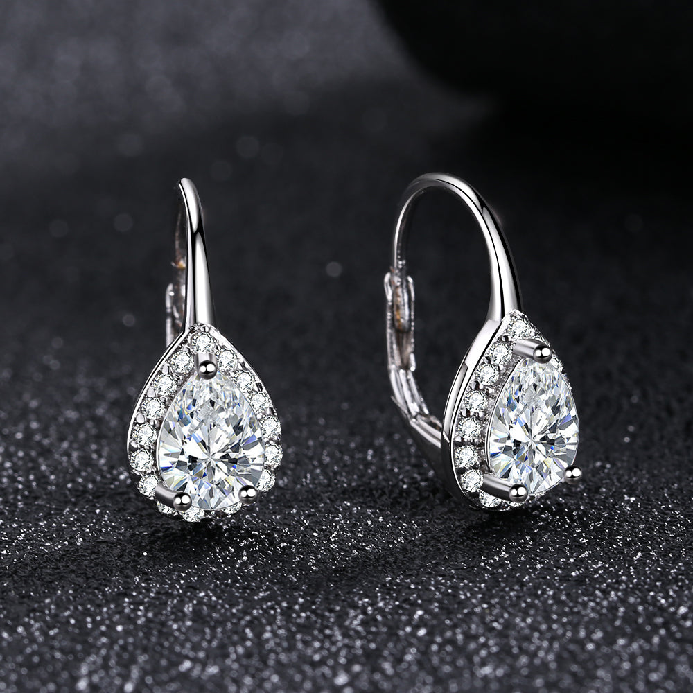 Sterling Silver Pear Omega Lever-back Halo Earring